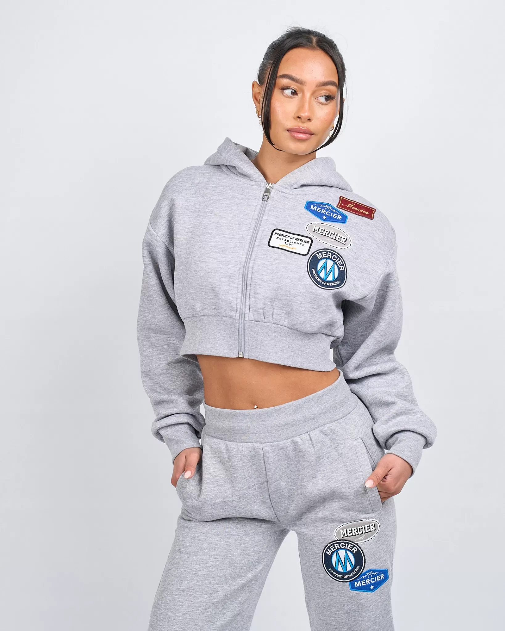 Store Mercier Felpa con cappuccio da donna con cerniera in colore grigio Marl OG